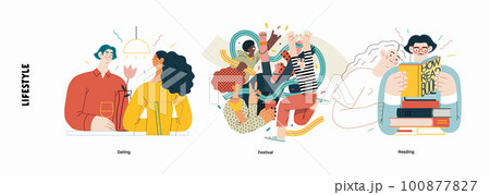 Lifestyle series - modern flat vector illustration of Dating, Musical festival, Reading books. People activities methapors and hobbies concept Lifestyle series - modern flat vector illustration of Dating, Musical festival, Reading books. People activities methapors and hobbies concept 100877827