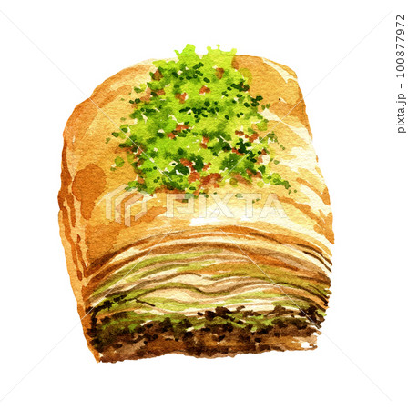watercolor oriental sweets, illustration of traditional turkish sweets, baklava with honey and nuts, hand drawn sketch 100877972