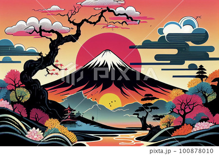 ポップでカラフルな富士山と桜のイラストのイラスト素材 [100878010