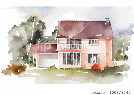 イメージ素材：モダンな戸建ての家の水彩画イラストのイラスト素材