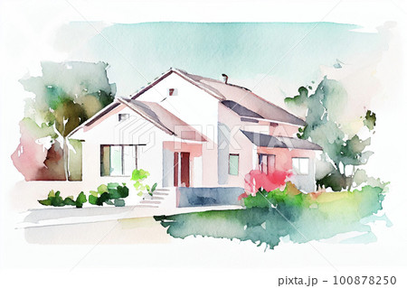 イメージ素材:モダンな戸建ての家の水彩画イラスト イメージ素材:モダンな戸建ての家の水彩画イラスト 100878250