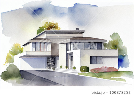 イメージ素材：モダンな戸建ての家の水彩画イラスト 100878252