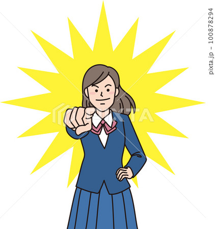 目指す_指差す_学生＿キリッとした表情_背景色あり_目の前を指差す女子学生 100878294