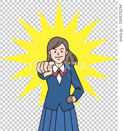 目指す_指差す_学生＿キリッとした表情_背景色あり_目の前を指差す女子学生 100878294