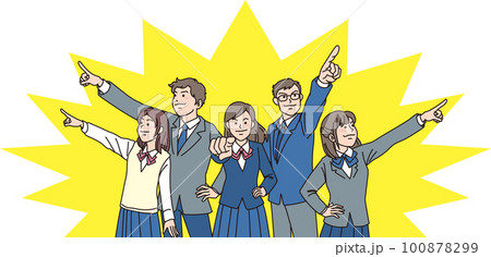 目指す_指差す_学生＿キリッとした表情_背景色あり_5人それぞれを目指す 100878299