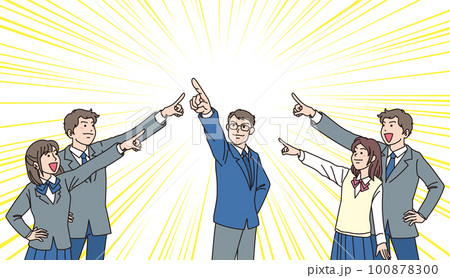 目指す_指差す_学生＿キリッとした表情_背景集中線あり_5人で一箇所を目指す 100878300