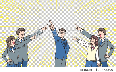 目指す_指差す_学生＿キリッとした表情_背景集中線あり_5人で一箇所を目指す 100878300