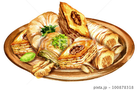 watercolor oriental sweets on metal copper tray, illustration of traditional turkish sweets, baklava with honey and nuts, hand drawn sketch 100878318