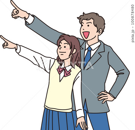 目指す_指差す_学生＿キリッとした表情_男女二人で左上を指差す 100878480