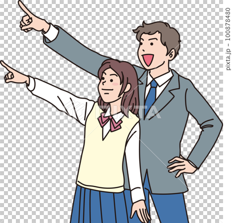Aiming _ pointing _ student _ sharp expression _ two men and women pointing to the upper left Aiming _ pointing _ student _ sharp expression _ two men and women pointing to the upper left 100878480