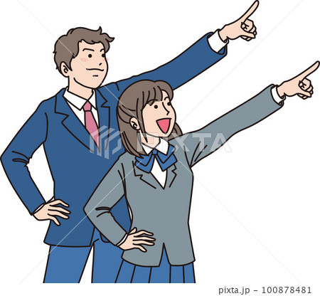 目指す_指差す_学生＿キリッとした表情_男女二人で右上を指差す 100878481