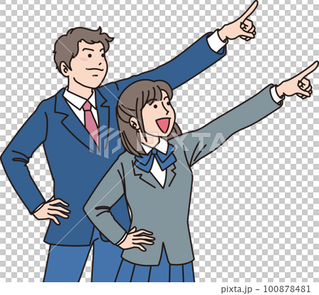 目指す_指差す_学生＿キリッとした表情_男女二人で右上を指差す 100878481
