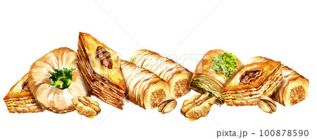 set of watercolor oriental sweets, illustration of traditional turkish sweets, baklava with honey and nuts, hand drawn sketch 100878590