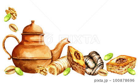 watercolor teapot with oriental sweets, illustration of traditional turkish sweets, baklava with honey and nuts, hand drawn sketch	 100878696