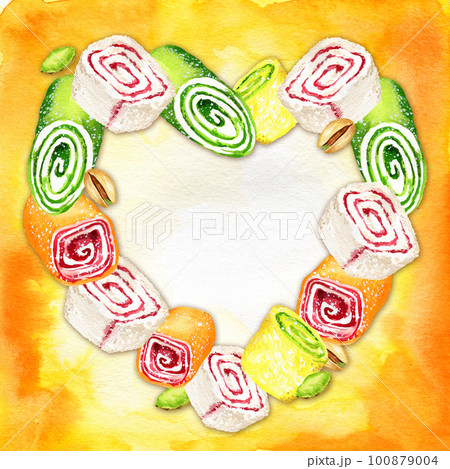 watercolor heart-shaped frame of oriental sweets, multicolored rahat lukum on watercolor backgrond, oriental sweets, illustration of traditional turkish sweets, sketch watercolor heart-shaped frame of oriental sweets, multicolored rahat lukum on watercolor backgrond, oriental sweets, illustration of traditional turkish sweets, sketch 100879004