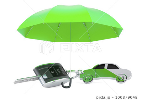 Car key with car shape metal keychain under umbrella. 3D rendering 100879048