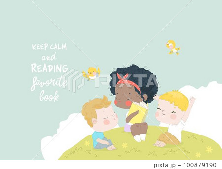 Happy Kids reading Book on the Meadow 100879190