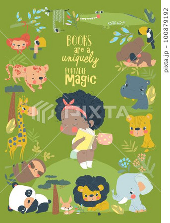 Little Girl reading Book with Cartoon Animal 100879192