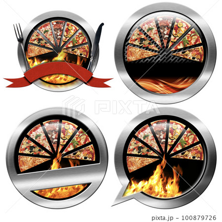 Metal Symbols with Pizza Slices Isolated on White Background 100879726