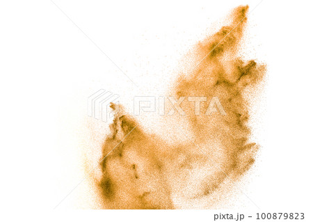 Brown sand explosion isolated on white background. Abstract sand cloud backdrop. Brown sand explosion isolated on white background. Abstract sand cloud backdrop. 100879823