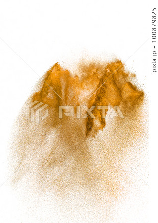 Brown sand explosion isolated on white background. Abstract sand cloud backdrop. 100879825