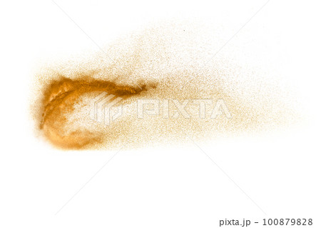 Brown sand explosion isolated on white background. Abstract sand cloud backdrop. Brown sand explosion isolated on white background. Abstract sand cloud backdrop. 100879828