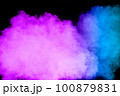 Launched blue pink dust particles splashing.Bizarre forms of blue pink powder explosion cloud on white background. 100879831