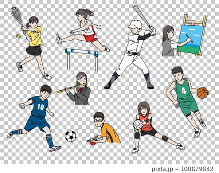 Illustration of students doing various club activities Illustration of students doing various club activities 100879832