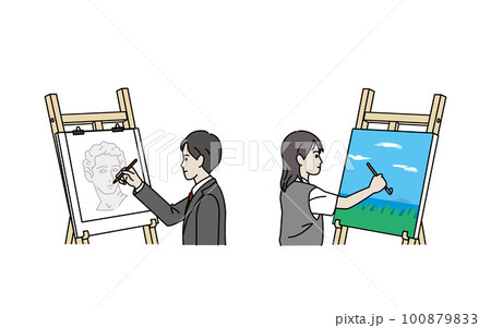 美術部　スケッチ、絵を描く生徒たちのイラスト 100879833