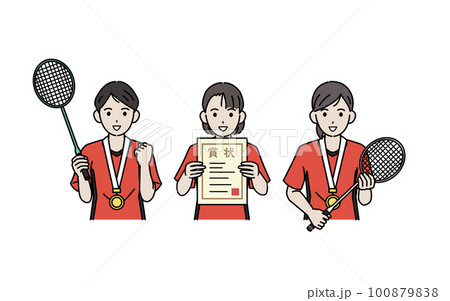 バドミントン部　大会で優勝し喜ぶ生徒たちのイラスト 100879838