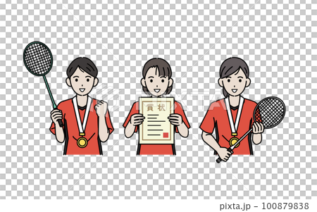 バドミントン部　大会で優勝し喜ぶ生徒たちのイラスト 100879838