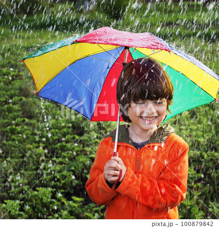 two happy brother with umbrella outdoors 100879842