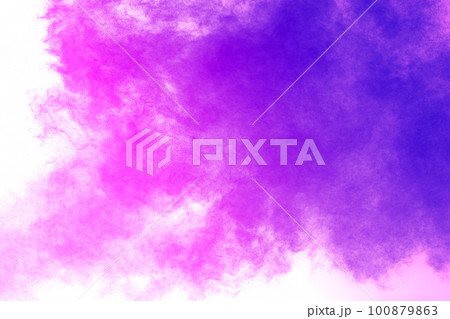 Pink purple dust particles explosion on white background.Freeze motion of pink purple powder splash. Pink purple dust particles explosion on white background.Freeze motion of pink purple powder splash. 100879863