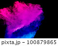 Launched blue pink dust particles splashing.Bizarre forms of blue pink powder explosion cloud on white background. 100879865