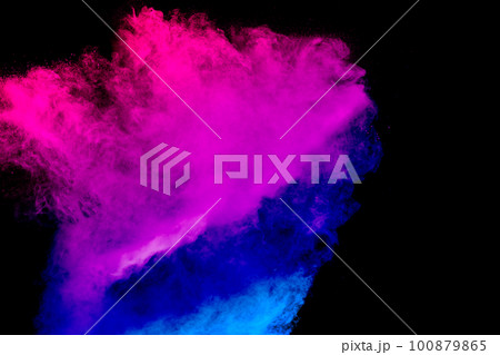 Launched blue pink dust particles splashing.Bizarre forms of blue pink powder explosion cloud on white background. Launched blue pink dust particles splashing.Bizarre forms of blue pink powder explosion cloud on white background. 100879865