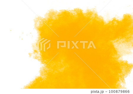 Abstract yellow powder explosion black on background. Yellow dust particle splashing. Abstract yellow powder explosion black on background. Yellow dust particle splashing. 100879866