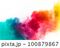 Yellow red and green dust explosion on white background. Red yellow  and green powder splash. 100879867