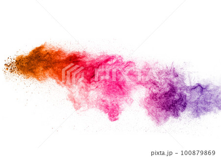 Multi colour powder explosion on white background. Launched colourful dust particles splashing. Multi colour powder explosion on white background. Launched colourful dust particles splashing. 100879869