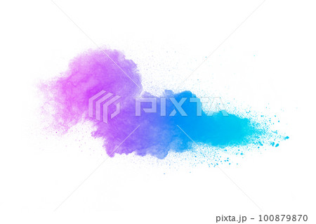 Multi colour powder explosion on white background. Launched colourful dust particles splashing. Multi colour powder explosion on white background. Launched colourful dust particles splashing. 100879870