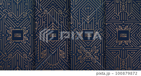 Vector set of line design in trendy vintage style, abstract art deco geometric frames, luxury package templates with leaves. Use for wedding invitation, chocolate, wine, cover, card, print, poster Vector set of line design in trendy vintage style, abstract art deco geometric frames, luxury package templates with leaves. Use for wedding invitation, chocolate, wine, cover, card, print, poster 100879872