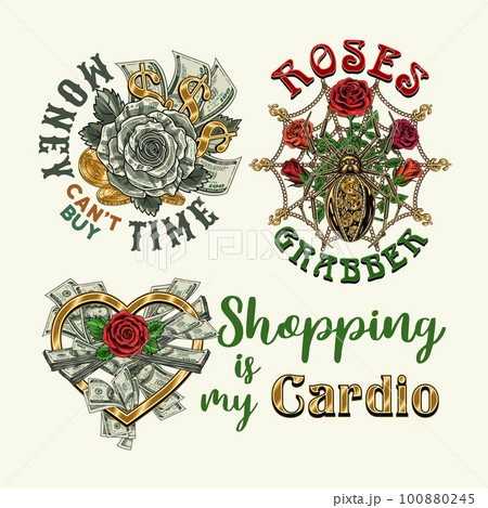 Set of colorful money vintage labels with text. Fantasy, creative, meaningful, fancy concept of illustrations. White background. For prints, clothing, apparel, t shirt, surface design Set of colorful money vintage labels with text. Fantasy, creative, meaningful, fancy concept of illustrations. White background. For prints, clothing, apparel, t shirt, surface design 100880245