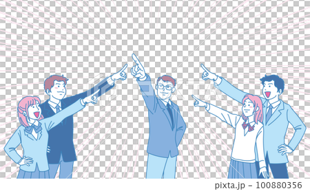 瞄準_指向_學生_尖銳的表情_粉色藍色_5人瞄準一個地方_背景中的濃度線 100880356