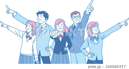 目指す_指差す_学生＿キリッとした表情_ピンクブルー_5人それぞれを目指す 100880357