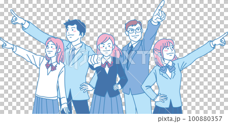 目指す_指差す_学生＿キリッとした表情_ピンクブルー_5人それぞれを目指す 100880357