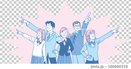 目指す_指差す_学生＿キリッとした表情_ピンクブルー_5人それぞれを目指す_背景色あり 100880358