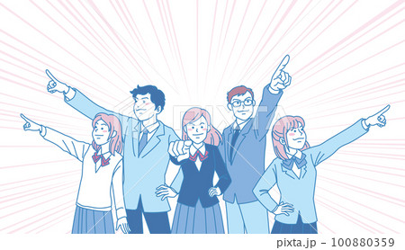 目指す_指差す_学生＿キリッとした表情_ピンクブルー_5人それぞれを目指す_背景に集中線あり 100880359
