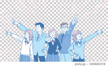 目指す_指差す_学生＿キリッとした表情_ピンクブルー_5人それぞれを目指す_背景に集中線あり 100880359