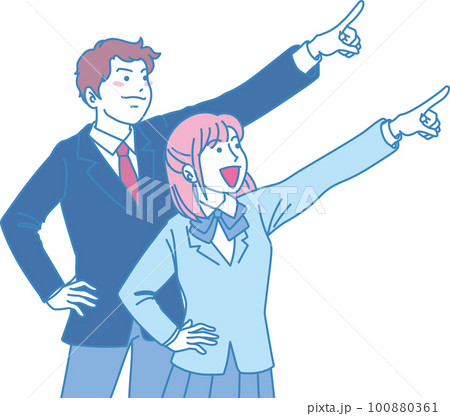 目指す_指差す_学生＿キリッとした表情_ピンクブルー_2人で右上を目指す 100880361