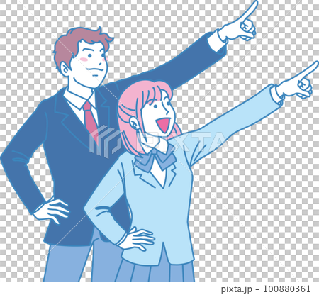 Aiming _ pointing _ student _ sharp expression _ pink blue _ 2 people aiming for the upper right Aiming _ pointing _ student _ sharp expression _ pink blue _ 2 people aiming for the upper right 100880361