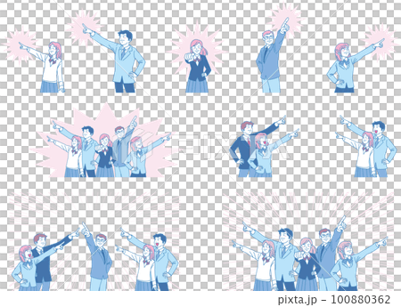 Aiming _ pointing _ student _ sharp expression _ pink blue _ background color set Aiming _ pointing _ student _ sharp expression _ pink blue _ background color set 100880362